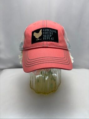 Dang Chick Farmers Trucker Hat “Chickens Coffee Sleep Repeat” Pink/Coral Color